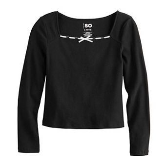 Girls 6-20 SO® Long Sleeve Ribbon Trim Top in Regular & Plus Size