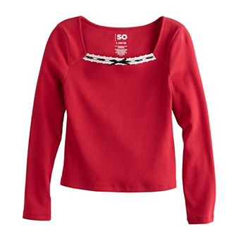 Girls 6-20 SO® Long Sleeve Ribbon Trim Top in Regular & Plus Size