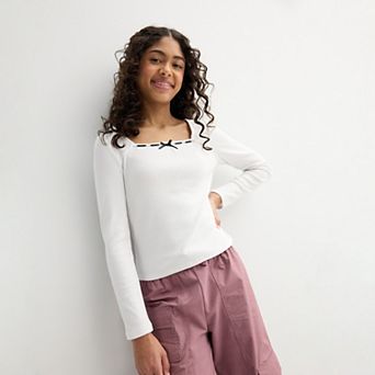 Girls 6-20 SO® Long Sleeve Ribbon Trim Top in Regular & Plus Size