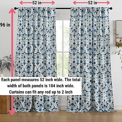 HLC.ME Clara Floral Back Tab Rod Pocket Curtains - Light Filtering Darkening Window Panels, Pair