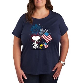 Plus Size Peanuts Snoopy & Woodstock USA Flags & Fireworks Graphic Tee