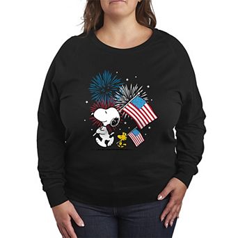 Plus Size Peanuts Snoopy & Woodstock Flag & Fireworks French Terry Long Sleeve Tee