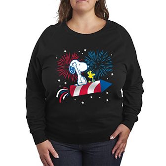 Plus Size Peanuts Snoopy & Woodstock Fireworks French Terry Long Sleeve Tee
