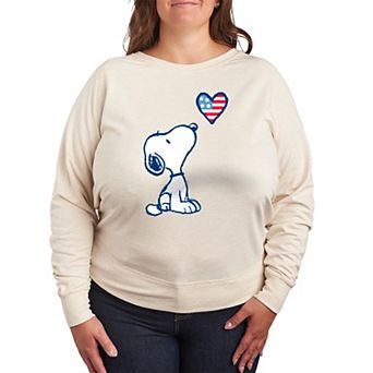 Plus Size Peanuts Snoopy Red, White & Blue Heart French Terry Long Sleeve Tee