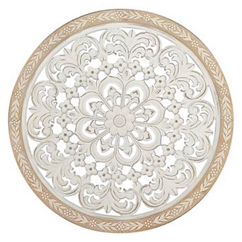 Parisloft 25 Inch Round Carved Wood Wall Decor