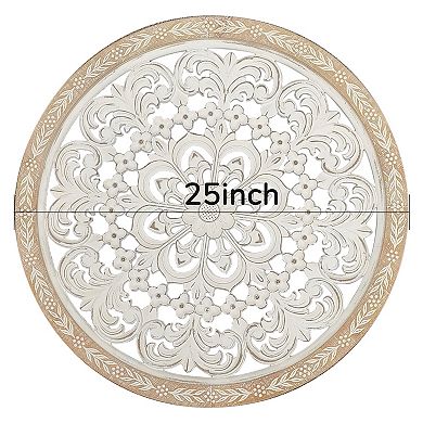 Parisloft 25 Inch Round Carved Wood Wall Decor