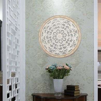 Parisloft 25 Inch Round Carved Wood Wall Decor