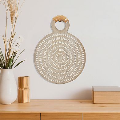 Parisloft Round Carved Wood Wall Decor, Brown, 9.8 x 13 Inches