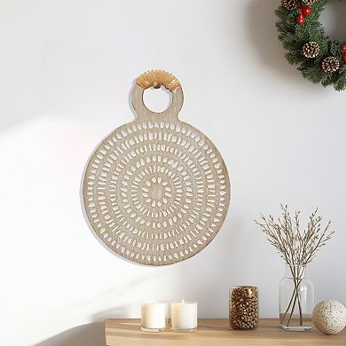 Parisloft Round Carved Wood Wall Decor, Brown, 9.8 x 13 Inches