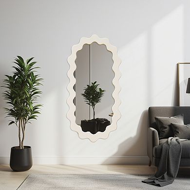Parisloft 21.6 x 43.3 Inch Oval Wood Wall Mirror with Wavy Frame