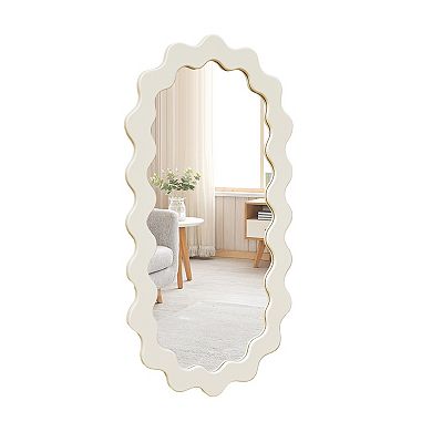 Parisloft 21.6 x 43.3 Inch Oval Wood Wall Mirror with Wavy Frame