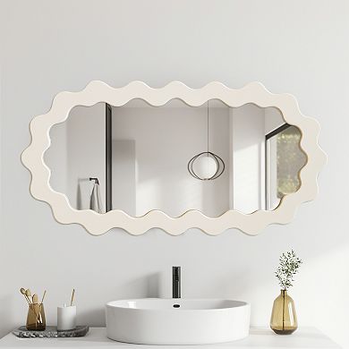 Parisloft 21.6 x 43.3 Inch Oval Wood Wall Mirror with Wavy Frame