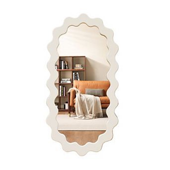 Parisloft 21.6 x 43.3 Inch Oval Wood Wall Mirror with Wavy Frame