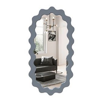 Parisloft 21.6 x 43.3 Inch Oval Wood Wall Mirror with Wavy Frame