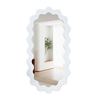 Parisloft 21.6 x 43.3 Inch Oval Wood Wall Mirror with Wavy Frame