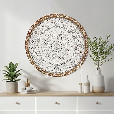 Parisloft 24.8 inch Round Wooden Wall Decor with Carved Floral Patterns, Rustic White and Brown