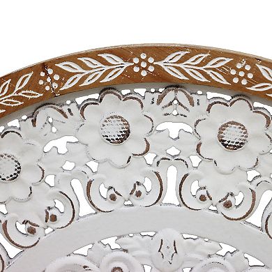 Parisloft 24.8 inch Round Wooden Wall Decor with Carved Floral Patterns, Rustic White and Brown