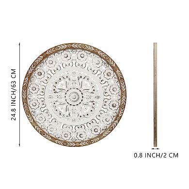Parisloft 24.8 inch Round Wooden Wall Decor with Carved Floral Patterns, Rustic White and Brown