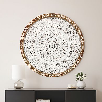 Parisloft 24.8 inch Round Wooden Wall Decor with Carved Floral Patterns, Rustic White and Brown