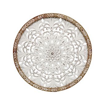 Parisloft 24.8 Inch Rustic Round Carved Wood Wall Wall Decor, Rustic White and Brown