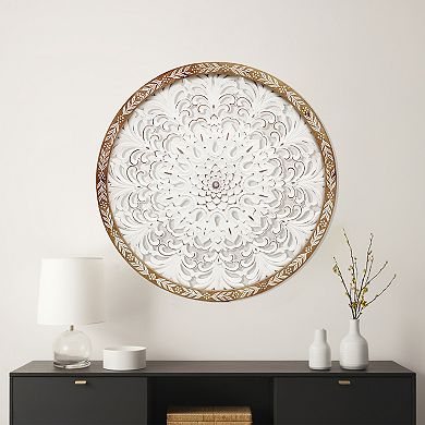 Parisloft 24.8 Inch Rustic Round Carved Wood Wall Wall Decor, Rustic White and Brown