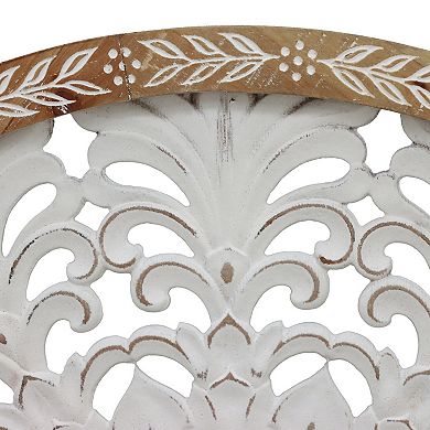 Parisloft 24.8 Inch Rustic Round Carved Wood Wall Wall Decor, Rustic White and Brown