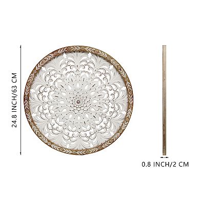 Parisloft 24.8 Inch Rustic Round Carved Wood Wall Wall Decor, Rustic White and Brown