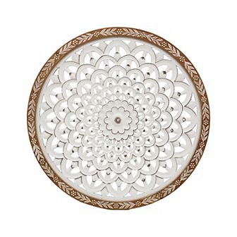 Parisloft 24.8 Inch Round Wood Carved Floral Wall Decor, Rustic White and Brown