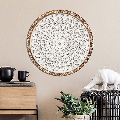 Parisloft 24.8 Inch Round Wood Carved Floral Wall Decor, Rustic White and Brown