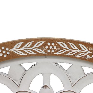 Parisloft 24.8 Inch Round Wood Carved Floral Wall Decor, Rustic White and Brown