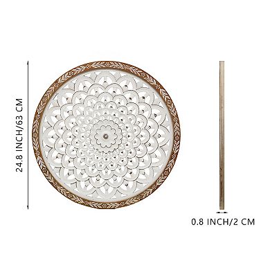 Parisloft 24.8 Inch Round Wood Carved Floral Wall Decor, Rustic White and Brown