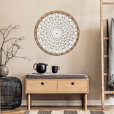 Parisloft 24.8 Inch Round Wood Carved Floral Wall Decor, Rustic White and Brown