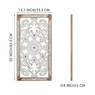 Parisloft Rectangular Wood Wall Decor with Carved Floral Patterns, 13.1 x 25 Inches