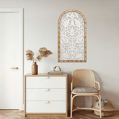 Parisloft Arched Carved Wooden Floral Wall Decor, White and Brown, 16.9"W x 32.7"H