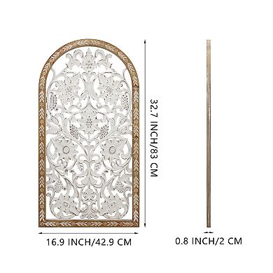 Parisloft Arched Carved Wooden Floral Wall Decor, White and Brown, 16.9"W x 32.7"H