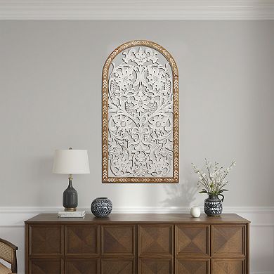 Parisloft Arched Carved Wooden Floral Wall Decor, White and Brown, 16.9"W x 32.7"H
