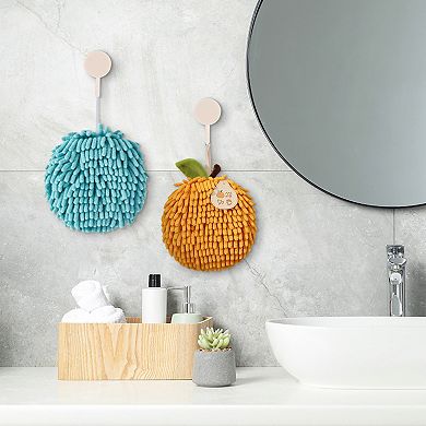 Absorbent Fluffy Chenille Ball Hand Towels, Set of 2 Fuzzy Towel with Wall Hook for Bathroom 6" x 6"