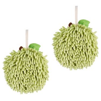Absorbent Fluffy Chenille Ball Hand Towels, Set of 2 Fuzzy Towel with Wall Hook for Bathroom 6" x 6"