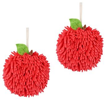 Absorbent Fluffy Chenille Ball Hand Towels, Set of 2 Fuzzy Towel with Wall Hook for Bathroom 6" x 6"