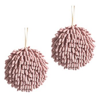 Absorbent Fluffy Chenille Ball Hand Towels, Set of 2 Fuzzy Towel with Wall Hook for Bathroom 6" x 6"