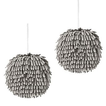 Absorbent Fluffy Chenille Ball Hand Towels, Set of 2 Fuzzy Towel with Wall Hook for Bathroom 6" x 6"