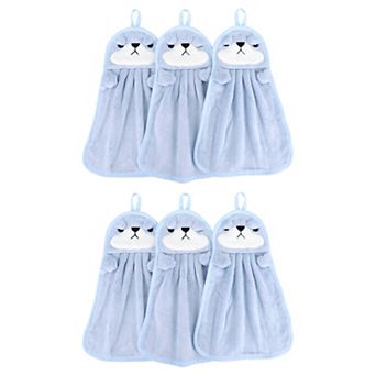 6 pc Cute Animal Children Hand Towels with Hanging Loop, Absorbent Towel for Bathroom 9" x 14"