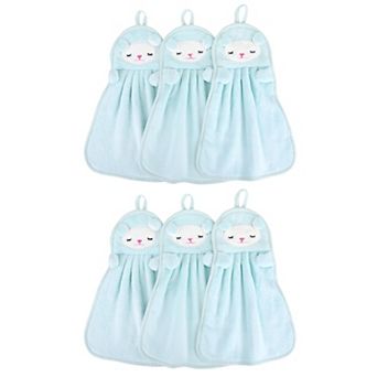 6 pc Cute Animal Children Hand Towels with Hanging Loop, Absorbent Towel for Bathroom 9" x 14"