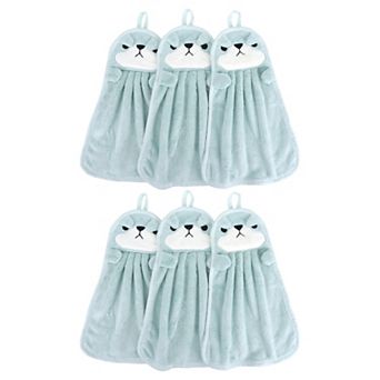 6 pc Cute Animal Children Hand Towels with Hanging Loop, Absorbent Towel for Bathroom 9" x 14"