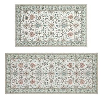 Laura Ashley 2 pc Beige Aure Floral Washable Area Rug Set