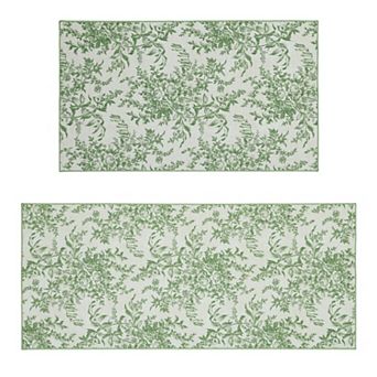Laura Ashley 2 pc Sage Ivory Bedford Floral Washable Area Rug Set