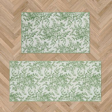Laura Ashley 2-Piece Sage Ivory Bedford Floral Washable Area Rug Set