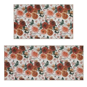 Laura Ashley 2 pc Beige Dahlias Floral Washable Area Rug Set