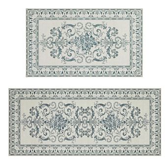 Laura Ashley 2 pc Sea Spray Blue Josette Medallion Washable Area Rug Set
