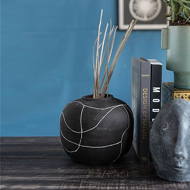 Storied Home Round Decorative Black and White Terra-cotta Vase with Hand-painted Intersecting Lines